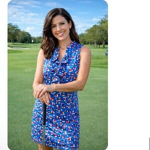 Tee2Sea Sailboat print ruffle v-neck sleeveless stretch shift dress, size medium